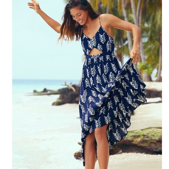 AERIE Navy and White Print Cut-Out Maxi Dress Size S - Picture 1 of 7